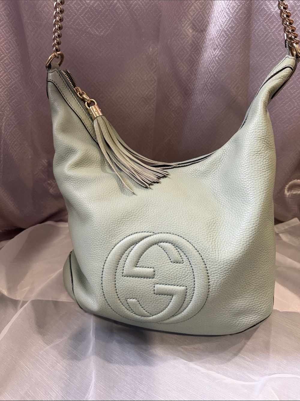 Gucci Sage Green Pebbled Leather Hobo with Tassel and Chain Strap
